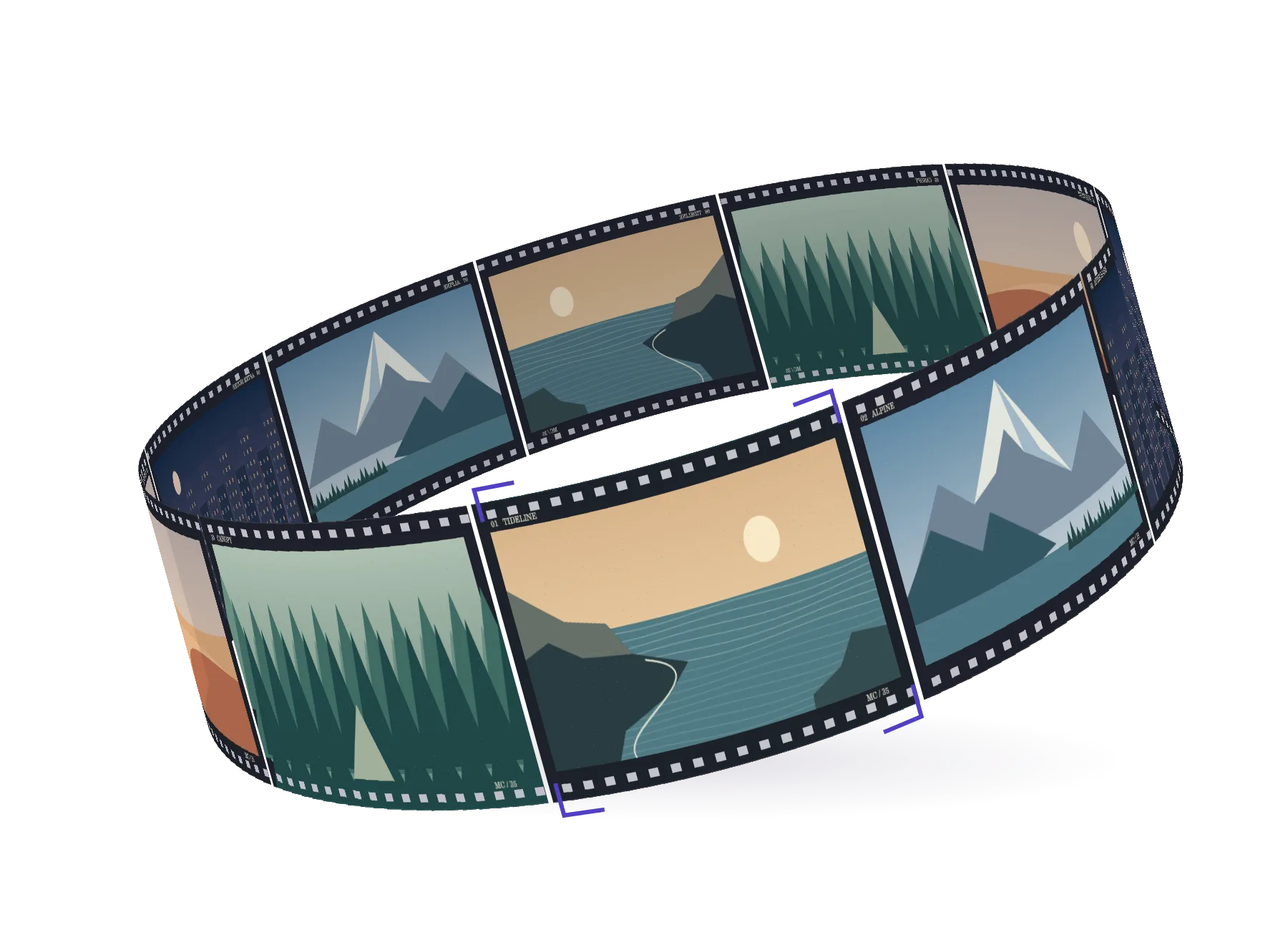 A continuous film loop of illustrated coastlines, mountains, city lights, dunes and forests, with violet corners selecting a frame