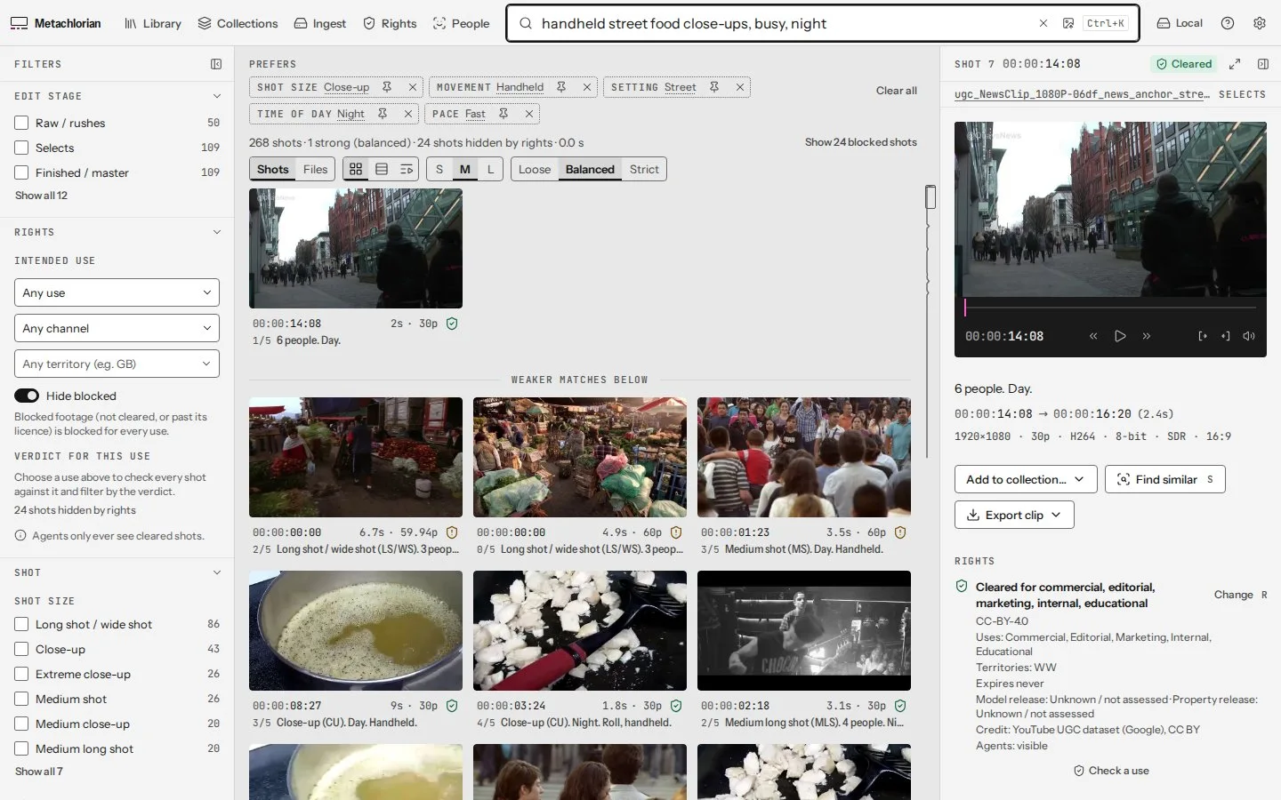 Actual Metachlorian interface with natural-language query chips, individual shot results, and a rights detail panel